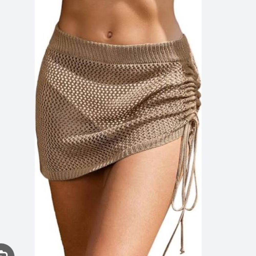 AIMAGE Tan Knit Ruched Semi Sheer Mini Skirt M